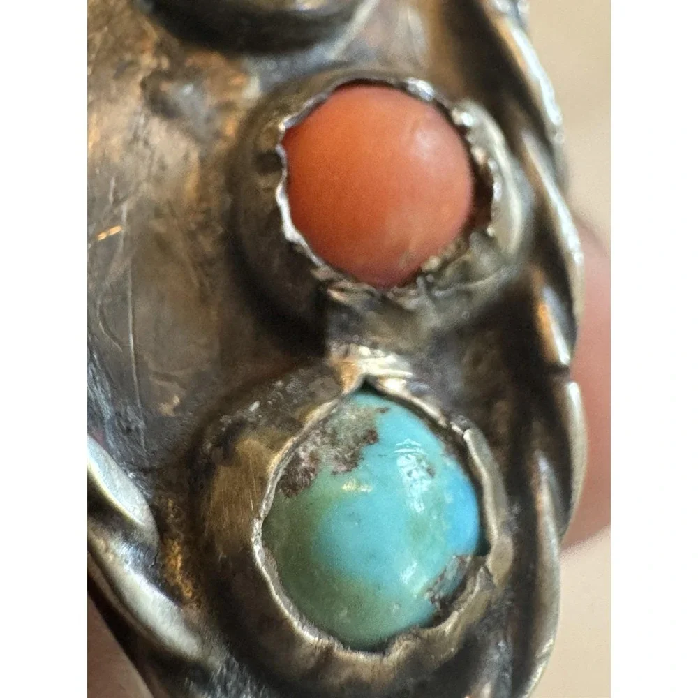 Navajo Sterling Silver Turquoise Coral Ring Early Handmade Size 3.25 Tested